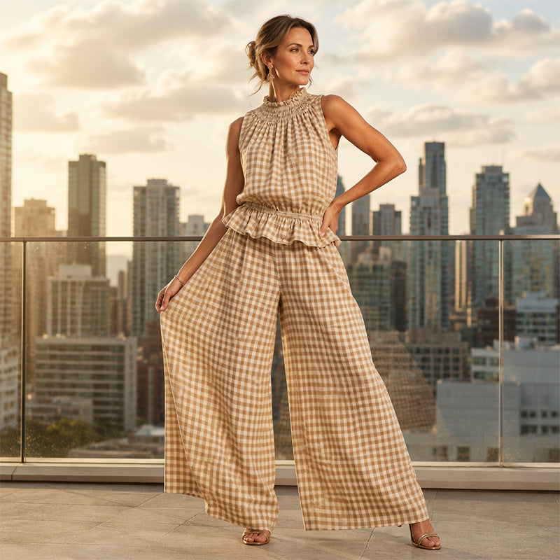 Ensemble deux pièces à carreaux pour femme - Haut sans manches à volants et pantalon large