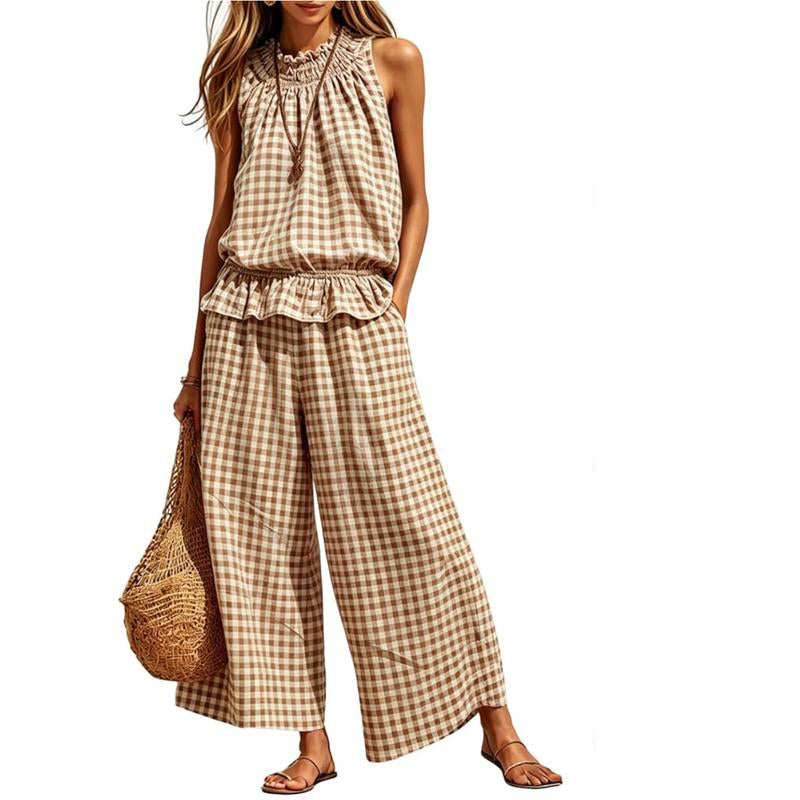 Ensemble deux pièces à carreaux pour femme - Haut sans manches à volants et pantalon large