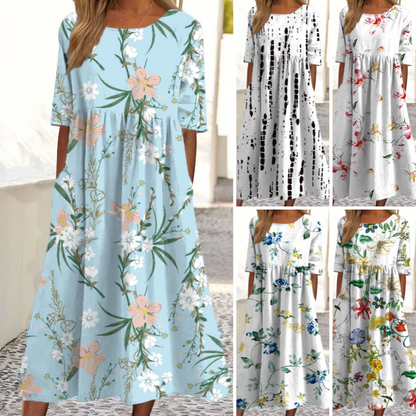 👗🌸Robe élégante femme à imprimé floral, col rond et manches longues
