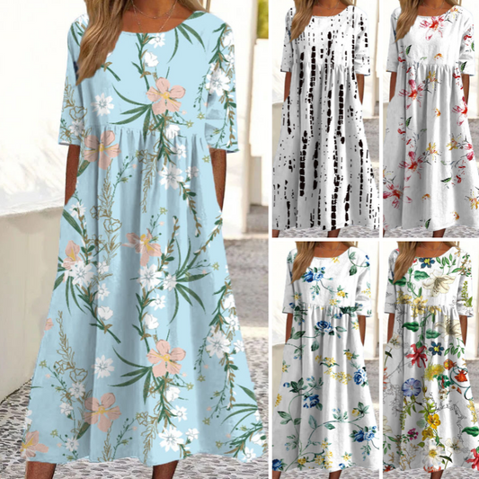 👗🌸Robe élégante femme à imprimé floral, col rond et manches longues