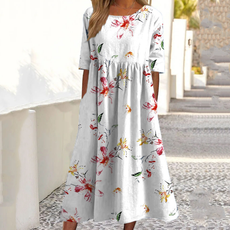 👗🌸Robe élégante femme à imprimé floral, col rond et manches longues
