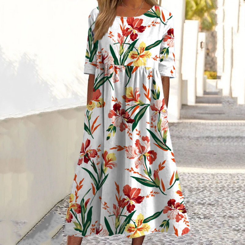 👗🌸Robe élégante femme à imprimé floral, col rond et manches longues