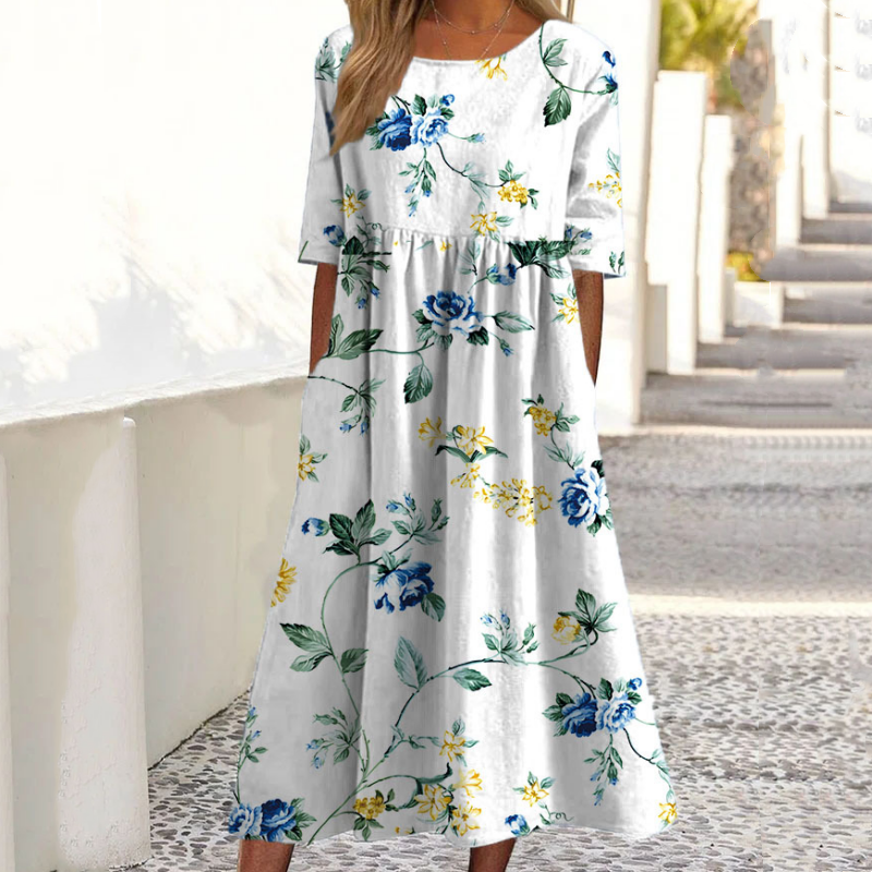 👗🌸Robe élégante femme à imprimé floral, col rond et manches longues