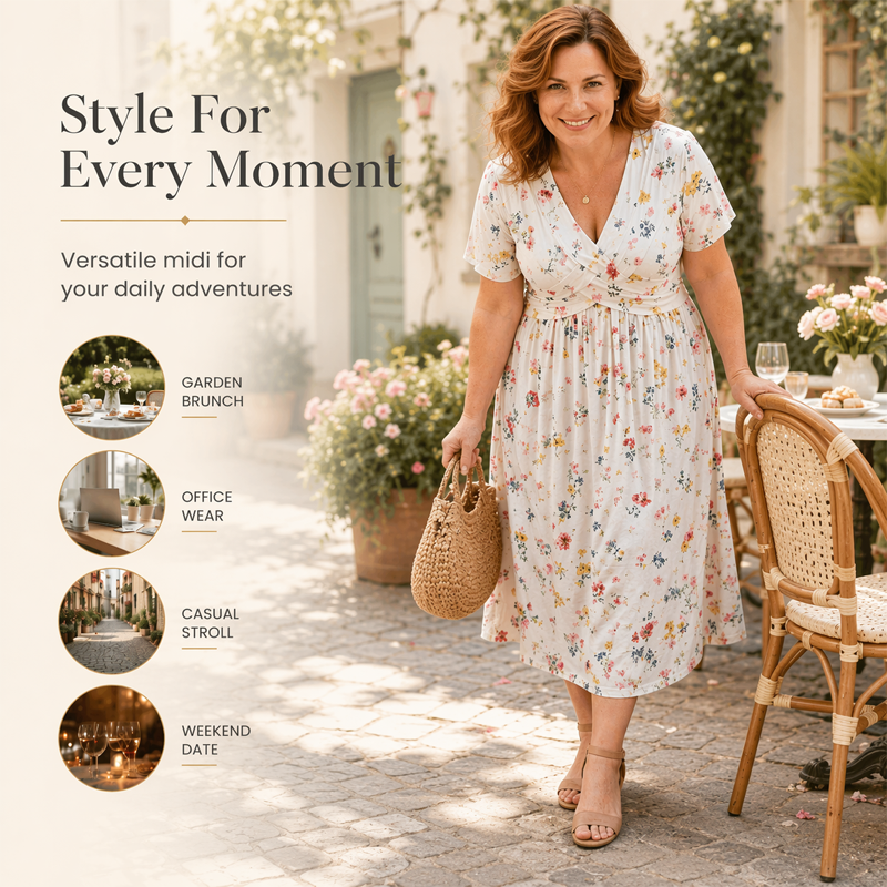 👗 50% DE RÉDUCTION ! 💐Robe pour femme à encolure en V, motif floral et taille froncée🌺