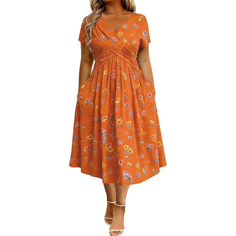 👗 50% DE RÉDUCTION ! 💐Robe pour femme à encolure en V, motif floral et taille froncée🌺