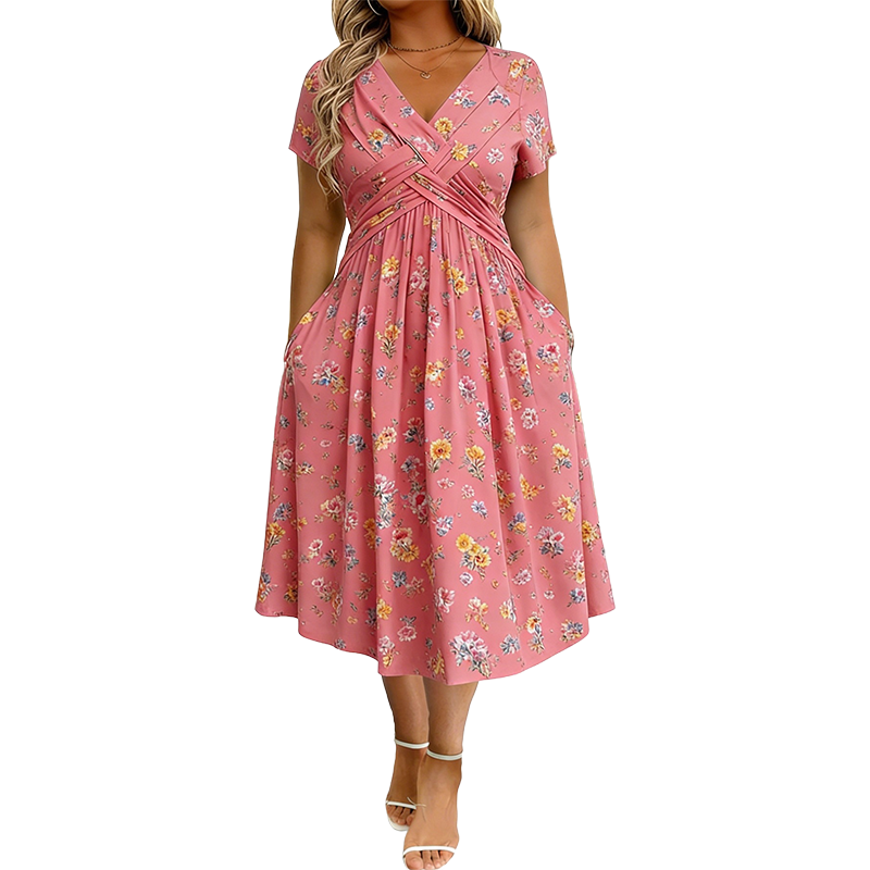 👗 50% DE RÉDUCTION ! 💐Robe pour femme à encolure en V, motif floral et taille froncée🌺