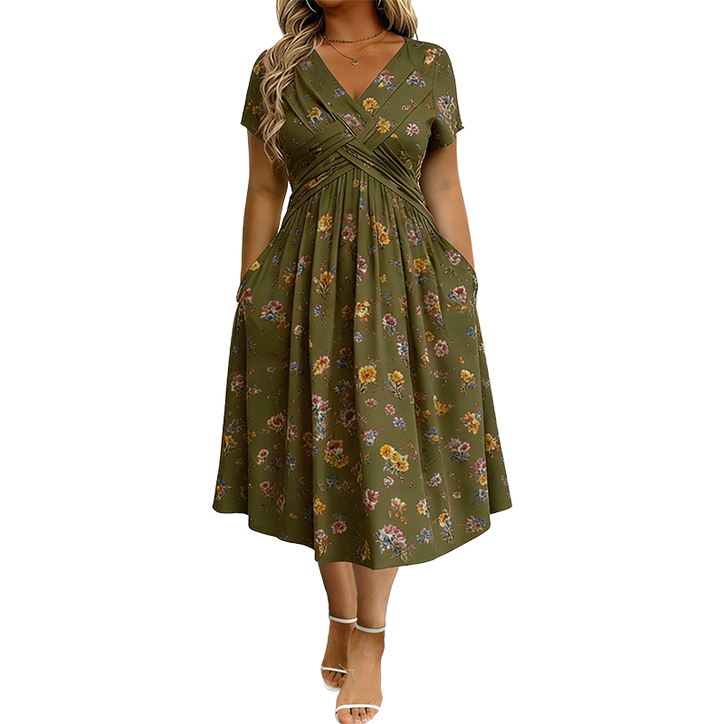 👗 50% DE RÉDUCTION ! 💐Robe pour femme à encolure en V, motif floral et taille froncée🌺