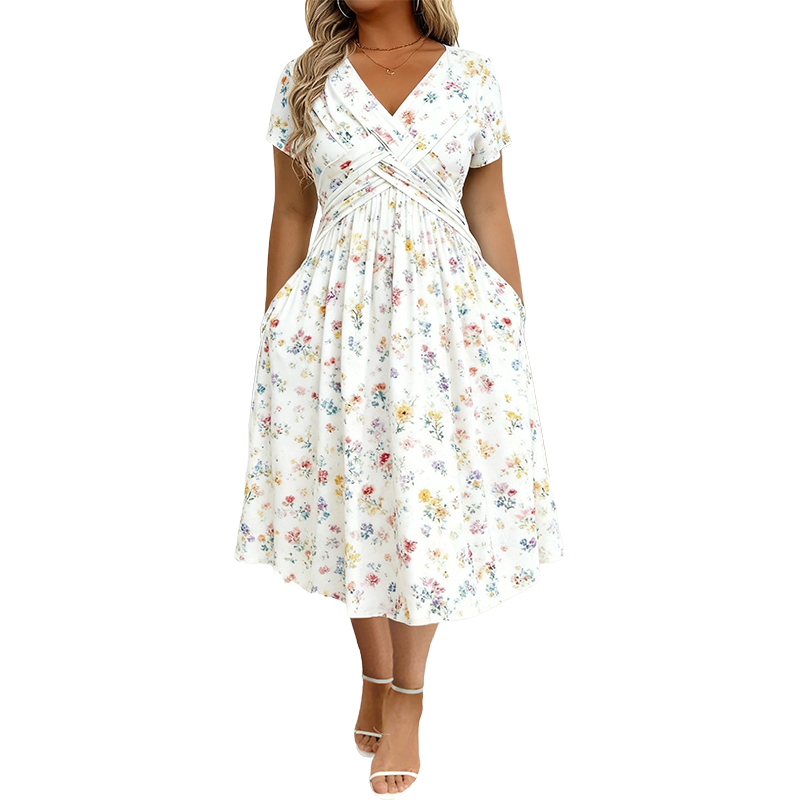 👗 50% DE RÉDUCTION ! 💐Robe pour femme à encolure en V, motif floral et taille froncée🌺