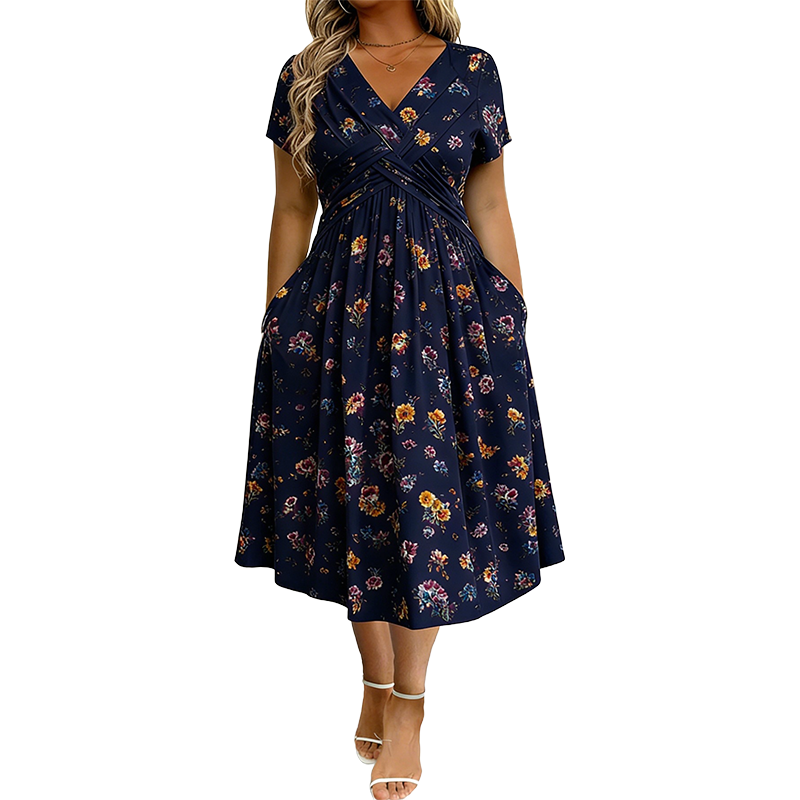 👗 50% DE RÉDUCTION ! 💐Robe pour femme à encolure en V, motif floral et taille froncée🌺