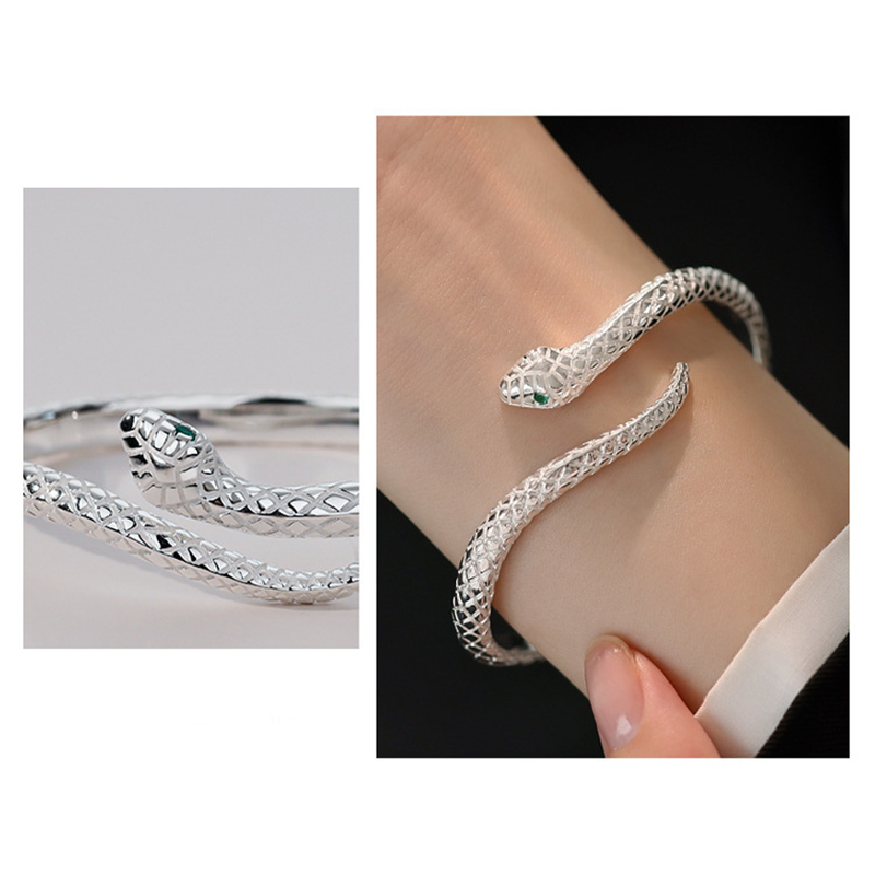 📢📢50% DE RÉDUCTION !! ⏰ 🐍 Bracelet Jonc Serpent Vintage – Manchette Ouverte Réglable avec Écailles Texturées & Yeux Verts ✨