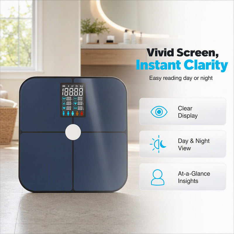 🏠 -50% ! 📊 Balance Impédancemètre Intelligente – Verre Trempé + ABS – Analyse Graisse Corporelle & Fréquence Cardiaque – Écran Couleur VA pour Suivi Santé Connecté 💪