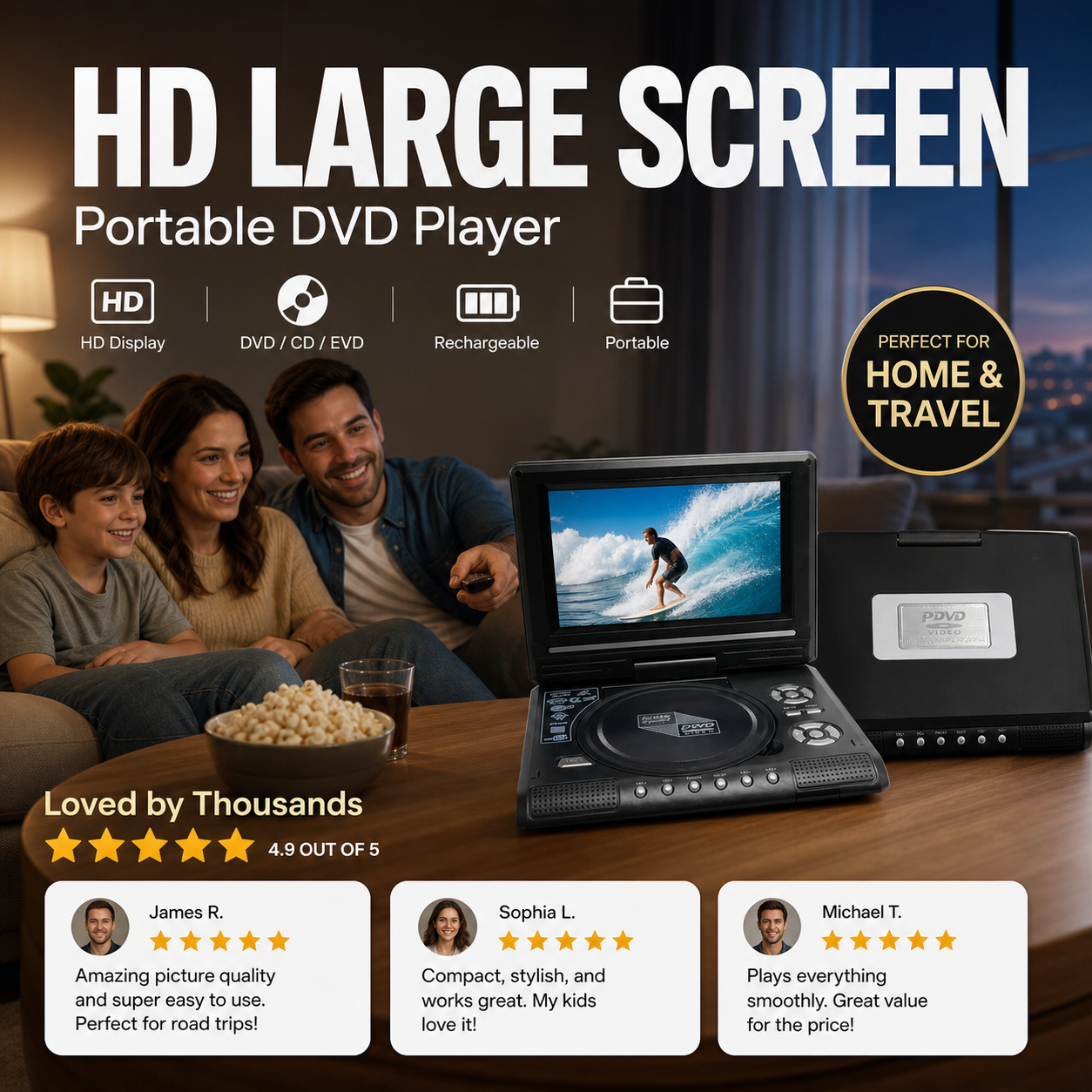 📺 50 % DE RÉDUCTION !!! 💿 Lecteur DVD/EVD portable HD 7,8 pouces – Grand écran, rechargeable et compatible DVD/CD/USB/SD – Parfait pour la maison et les voyages.