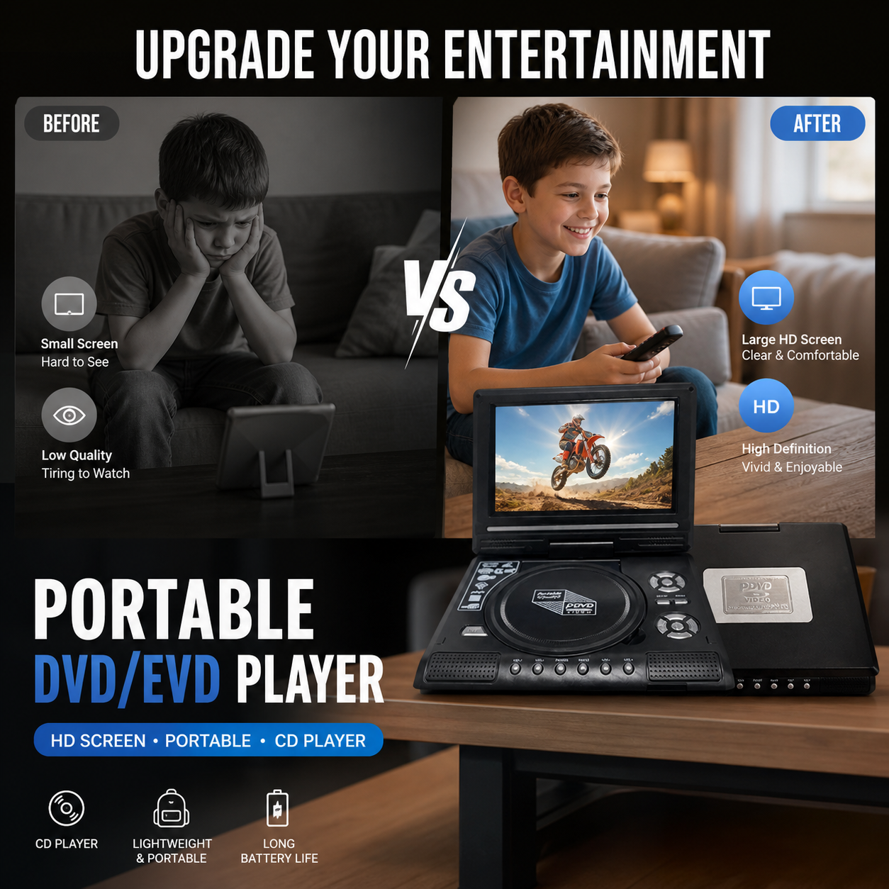 📺 50 % DE RÉDUCTION !!! 💿 Lecteur DVD/EVD portable HD 7,8 pouces – Grand écran, rechargeable et compatible DVD/CD/USB/SD – Parfait pour la maison et les voyages.