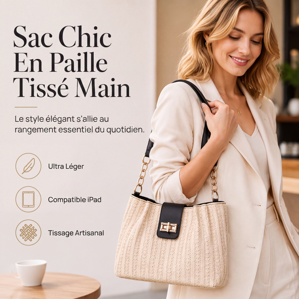 Sac bandoulière en paille spacieux pour les trajets quotidiens