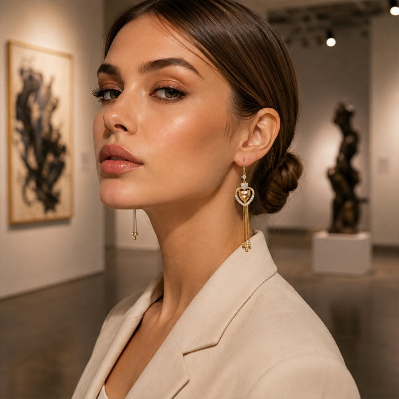 📢 -50% !! ⏰ Boucles d’Oreilles Pendantes Cœur avec Franges et Zircons – Design Romantique & Éclat Luxueux pour Mariage et Soirée 💎
