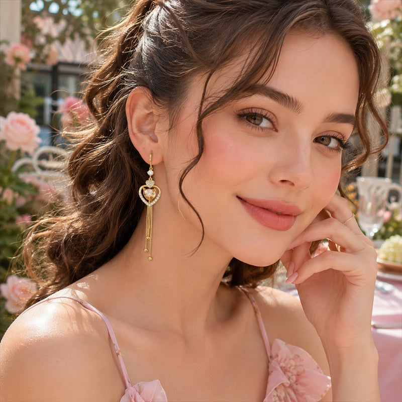 📢 -50% !! ⏰ Boucles d’Oreilles Pendantes Cœur avec Franges et Zircons – Design Romantique & Éclat Luxueux pour Mariage et Soirée 💎