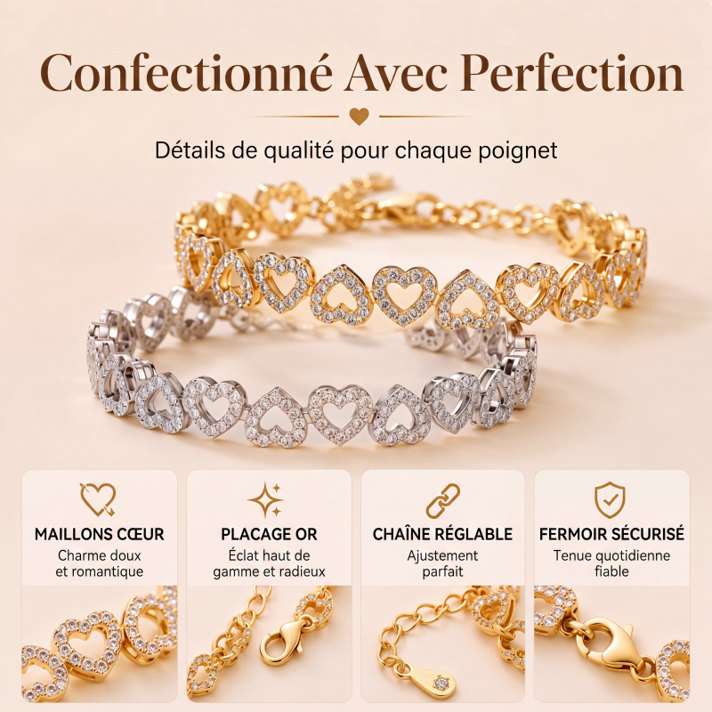 💎 50% DE RÉDUCTION! ❤️ Bracelet Cœur Scintillant pour Femme – Alliage zinc & strass, design romantique – Parfait pour le quotidien ou en cadeau ✨
