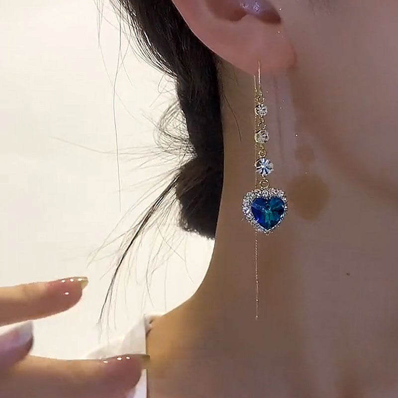 ⏳ -50% ! 💙 Boucles d’Oreilles Fil Pierres Précieuses Synthétiques Cœur Bleu – Alliage Cuivre + Saphirs 2,10 ct – Design Romance & Électroplacage Luxe pour Quotidien et Cadeau ✨