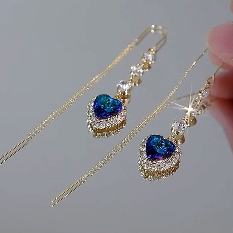 ⏳ -50% ! 💙 Boucles d’Oreilles Fil Pierres Précieuses Synthétiques Cœur Bleu – Alliage Cuivre + Saphirs 2,10 ct – Design Romance & Électroplacage Luxe pour Quotidien et Cadeau ✨