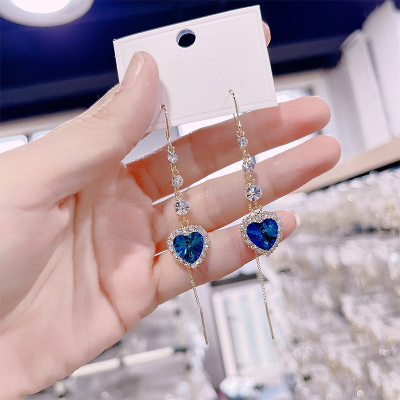 ⏳ -50% ! 💙 Boucles d’Oreilles Fil Pierres Précieuses Synthétiques Cœur Bleu – Alliage Cuivre + Saphirs 2,10 ct – Design Romance & Électroplacage Luxe pour Quotidien et Cadeau ✨