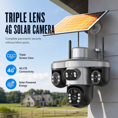 🏠 -50% ! 📹 Caméra de Sécurité Solaire Triple Objectif – ABS – Triple Vision & Panneau Solaire Intégré – IP66 pour Surveillance Extérieure Sans Fil 🛡️