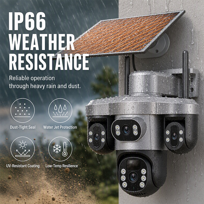 🏠 -50% ! 📹 Caméra de Sécurité Solaire Triple Objectif – ABS – Triple Vision & Panneau Solaire Intégré – IP66 pour Surveillance Extérieure Sans Fil 🛡️