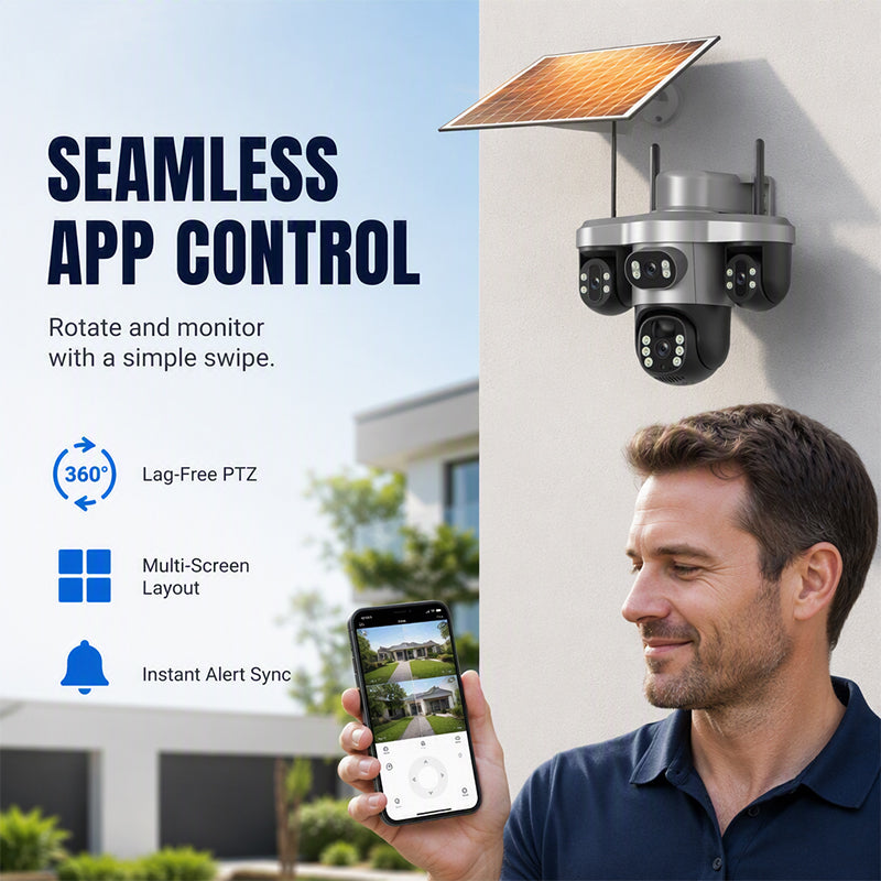 🏠 -50% ! 📹 Caméra de Sécurité Solaire Triple Objectif – ABS – Triple Vision & Panneau Solaire Intégré – IP66 pour Surveillance Extérieure Sans Fil 🛡️