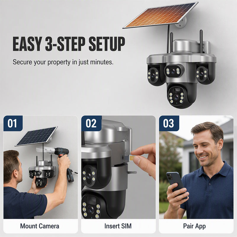 🏠 -50% ! 📹 Caméra de Sécurité Solaire Triple Objectif – ABS – Triple Vision & Panneau Solaire Intégré – IP66 pour Surveillance Extérieure Sans Fil 🛡️