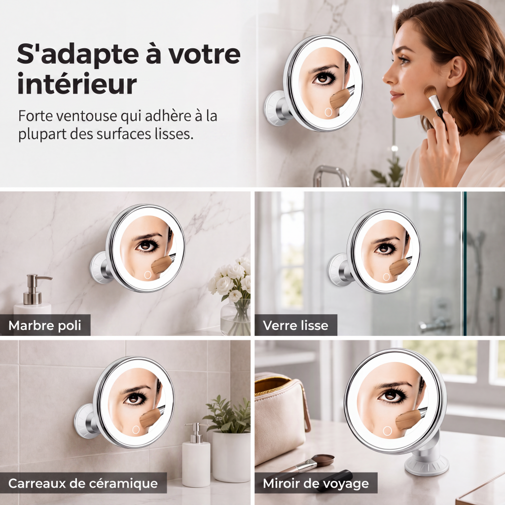 🎉 Soldes 2026 — Plus de 31 600 vendus!💄 Miroir de maquillage grossissant x10 avec lumière LED et ventouse