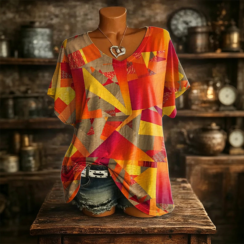 T-shirt col V imprimé effet glacé pour femme