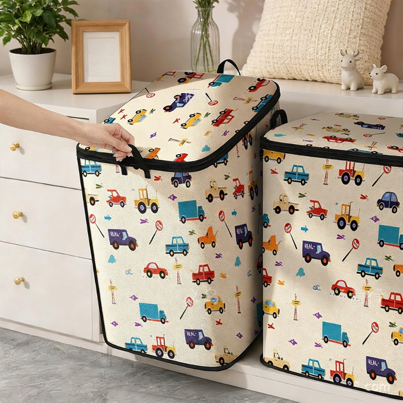 🔥 -50% ! 🎉 Grand Support de Rangement Pliable en Toile – Motif Cartoon – Couvercle Zip & Poignées Renforcées – 3 Tailles pour Placard et Chambre d’Enfant 🧸