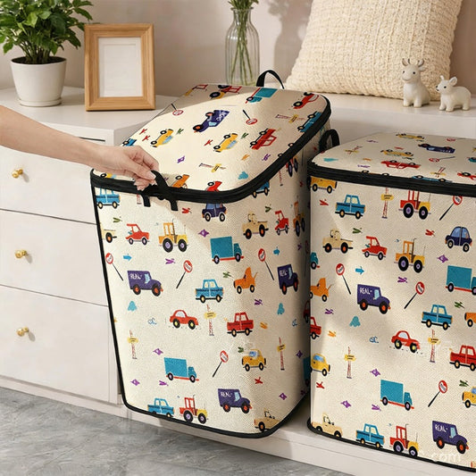 🔥 -50% ! 🎉 Grand Support de Rangement Pliable en Toile – Motif Cartoon – Couvercle Zip & Poignées Renforcées – 3 Tailles pour Placard et Chambre d’Enfant 🧸