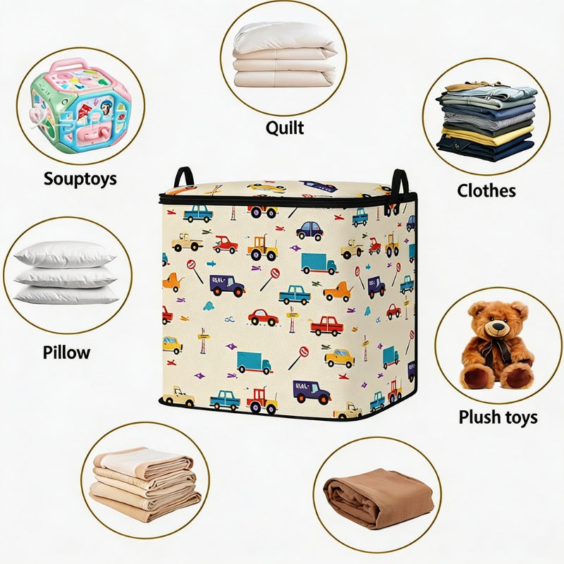 🔥 -50% ! 🎉 Grand Support de Rangement Pliable en Toile – Motif Cartoon – Couvercle Zip & Poignées Renforcées – 3 Tailles pour Placard et Chambre d’Enfant 🧸