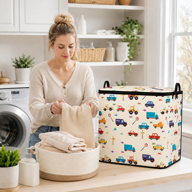 🔥 -50% ! 🎉 Grand Support de Rangement Pliable en Toile – Motif Cartoon – Couvercle Zip & Poignées Renforcées – 3 Tailles pour Placard et Chambre d’Enfant 🧸