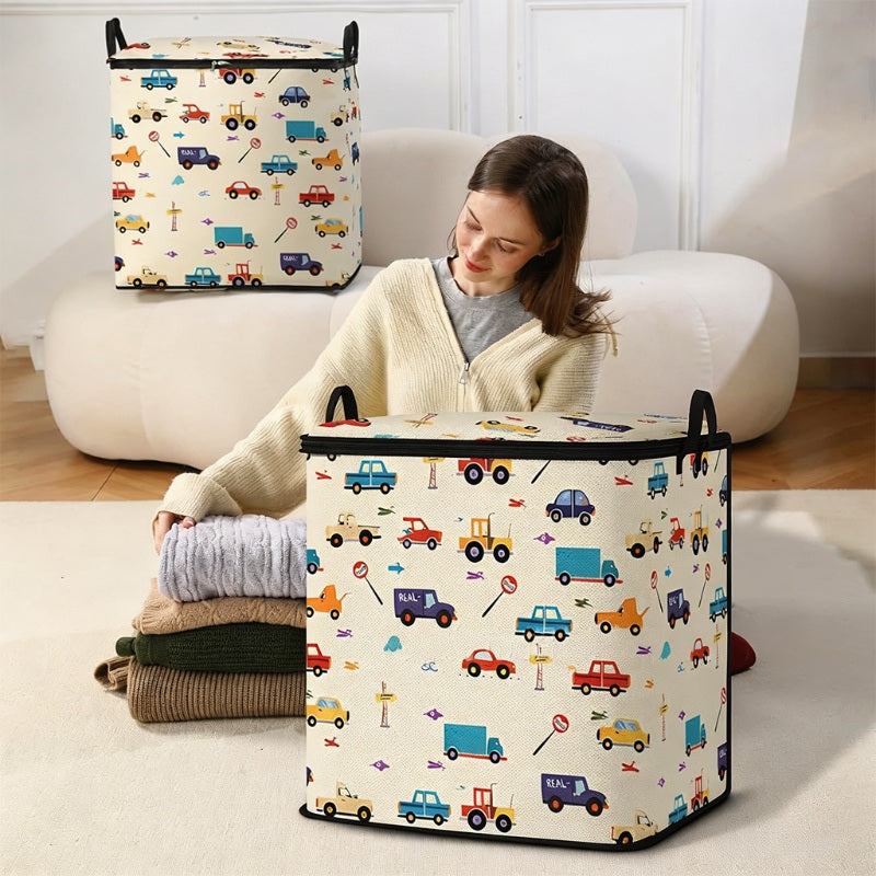 🔥 -50% ! 🎉 Grand Support de Rangement Pliable en Toile – Motif Cartoon – Couvercle Zip & Poignées Renforcées – 3 Tailles pour Placard et Chambre d’Enfant 🧸