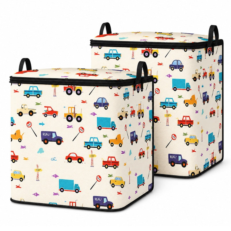 🔥 -50% ! 🎉 Grand Support de Rangement Pliable en Toile – Motif Cartoon – Couvercle Zip & Poignées Renforcées – 3 Tailles pour Placard et Chambre d’Enfant 🧸
