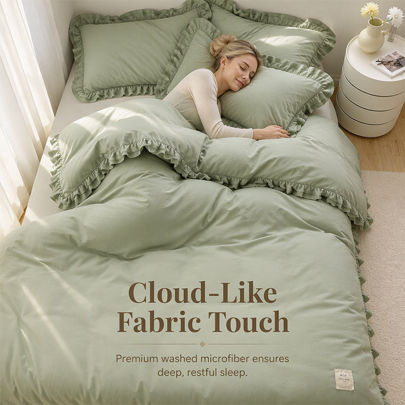 🛏️ -50% ! 🌸 Parure de Lit 4 Pièces Unie avec Bordures Volantées – Microfibre Premium – 9 Coloris – Tailles S/SD/D – Housse + Draps + Taies d’Oreiller 🎀