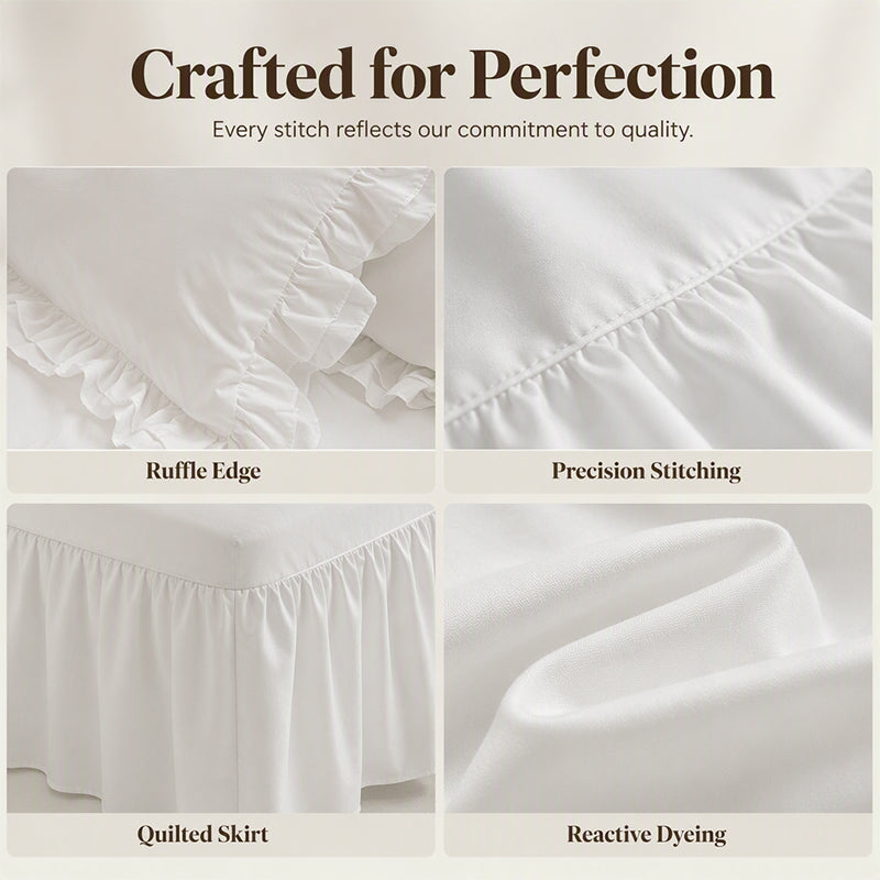 🛏️ -50% ! 🌸 Parure de Lit 4 Pièces Unie avec Bordures Volantées – Microfibre Premium – 9 Coloris – Tailles S/SD/D – Housse + Draps + Taies d’Oreiller 🎀