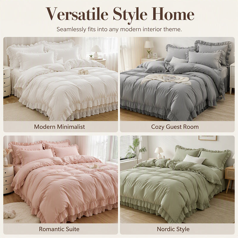 🛏️ -50% ! 🌸 Parure de Lit 4 Pièces Unie avec Bordures Volantées – Microfibre Premium – 9 Coloris – Tailles S/SD/D – Housse + Draps + Taies d’Oreiller 🎀