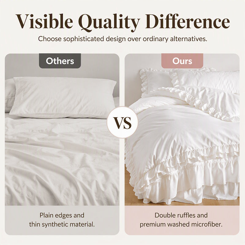 🛏️ -50% ! 🌸 Parure de Lit 4 Pièces Unie avec Bordures Volantées – Microfibre Premium – 9 Coloris – Tailles S/SD/D – Housse + Draps + Taies d’Oreiller 🎀