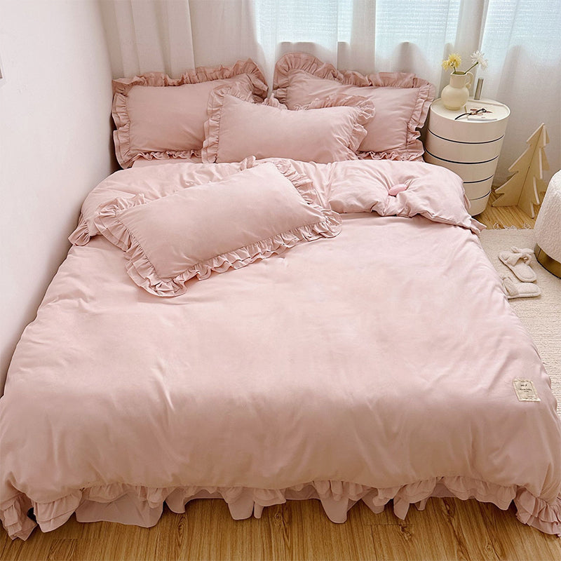 🛏️ -50% ! 🌸 Parure de Lit 4 Pièces Unie avec Bordures Volantées – Microfibre Premium – 9 Coloris – Tailles S/SD/D – Housse + Draps + Taies d’Oreiller 🎀