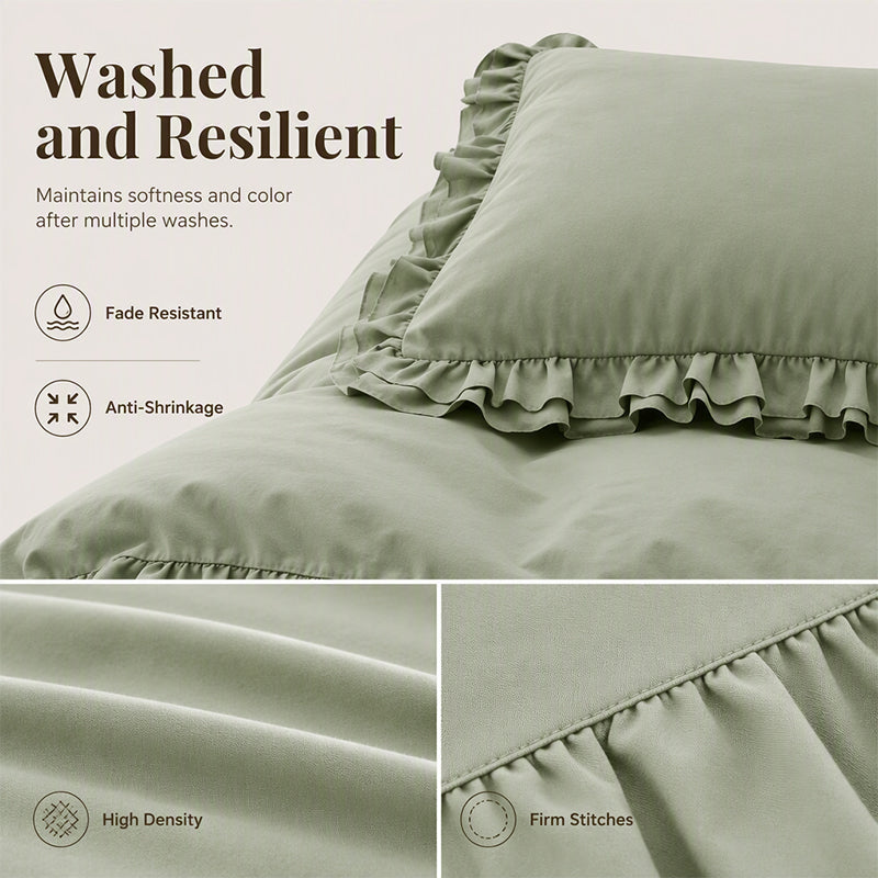 🛏️ -50% ! 🌸 Parure de Lit 4 Pièces Unie avec Bordures Volantées – Microfibre Premium – 9 Coloris – Tailles S/SD/D – Housse + Draps + Taies d’Oreiller 🎀