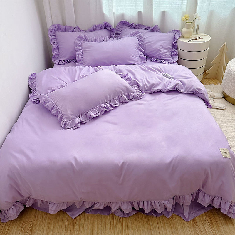 🛏️ -50% ! 🌸 Parure de Lit 4 Pièces Unie avec Bordures Volantées – Microfibre Premium – 9 Coloris – Tailles S/SD/D – Housse + Draps + Taies d’Oreiller 🎀