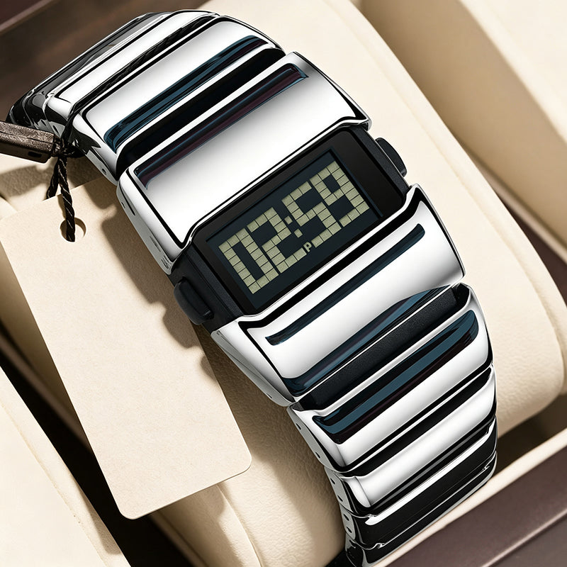⌚ -50% ! 💎 Montre Digitale de Luxe pour Homme – Métal Poli Effet Miroir – Affichage Clair – Noir / Argent-Noir – Look Bureau et Soirée 🕶️