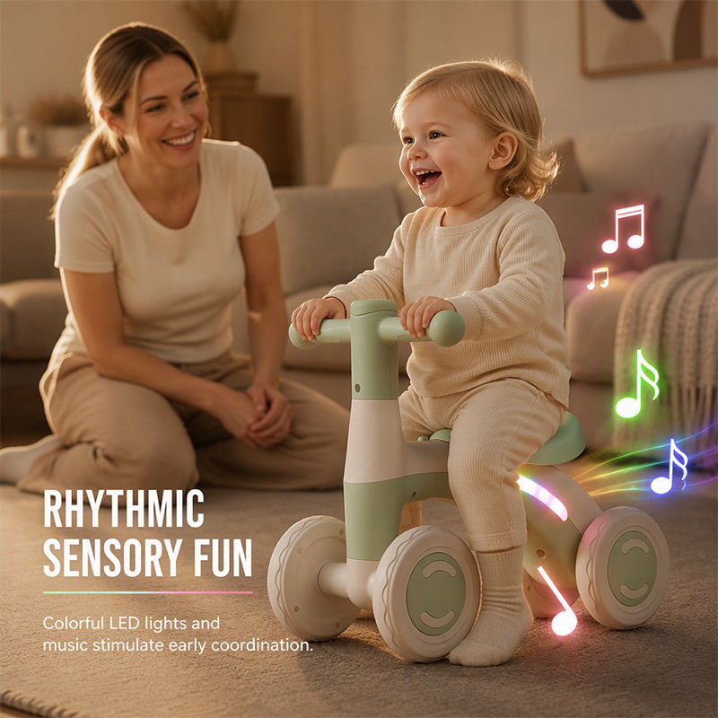 🚲 50% DE RÉDUCTION! 🎵 Draisienne pour Bébés et Tout-Petits – 4 roues stabilisatrices, LED & musique – 14–54 mois – Vert/Marron/Gris/Rose ✨