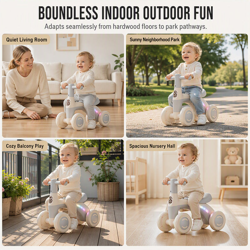 🚲 50% DE RÉDUCTION! 🎵 Draisienne pour Bébés et Tout-Petits – 4 roues stabilisatrices, LED & musique – 14–54 mois – Vert/Marron/Gris/Rose ✨