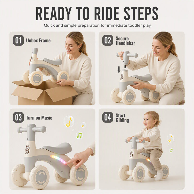 🚲 50% DE RÉDUCTION! 🎵 Draisienne pour Bébés et Tout-Petits – 4 roues stabilisatrices, LED & musique – 14–54 mois – Vert/Marron/Gris/Rose ✨