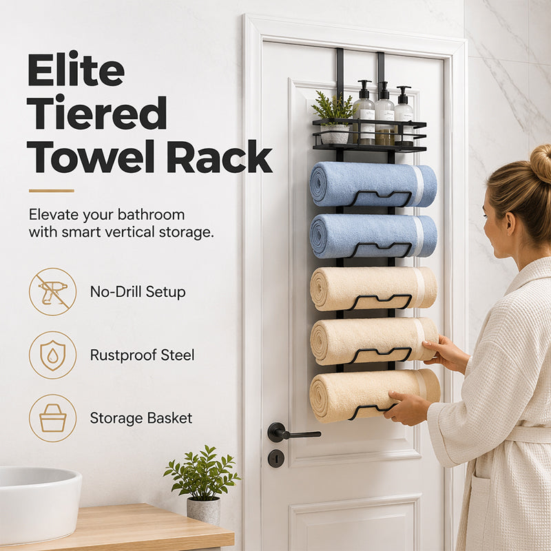 🚪 -50% ! 🛁 Porte-Serviettes sur Porte avec Étagère – Acier Carbone – Finition Mate Anti-Rouille – Sans Perçage – Organisation Salle de Bain Verticale 🏠