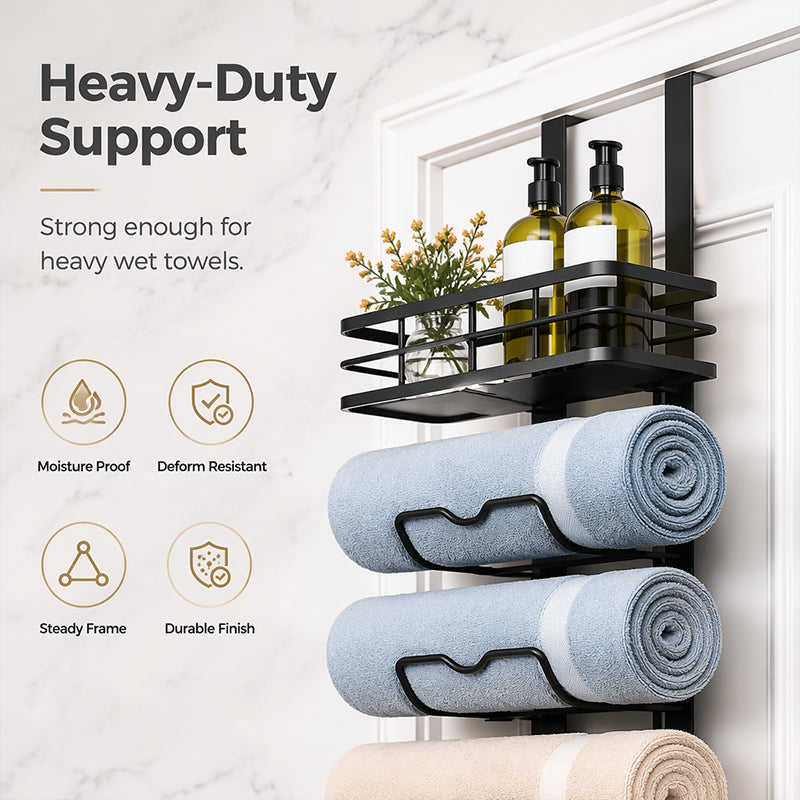 🚪 -50% ! 🛁 Porte-Serviettes sur Porte avec Étagère – Acier Carbone – Finition Mate Anti-Rouille – Sans Perçage – Organisation Salle de Bain Verticale 🏠