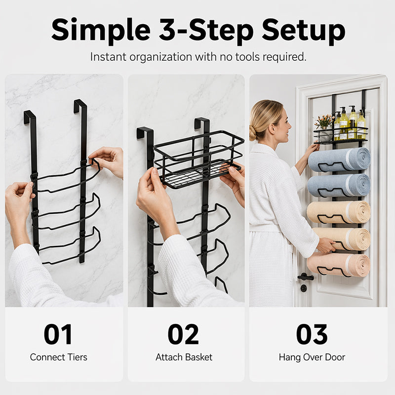 🚪 -50% ! 🛁 Porte-Serviettes sur Porte avec Étagère – Acier Carbone – Finition Mate Anti-Rouille – Sans Perçage – Organisation Salle de Bain Verticale 🏠
